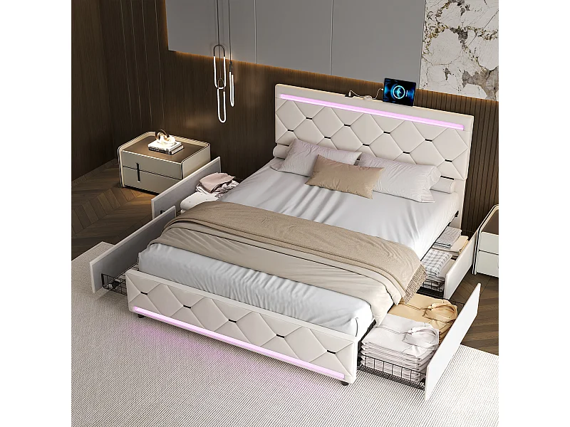 Opbergbed met 4 lades, veelkleurige led's en USB-aansluiting – 140x200 cm – Modern design in gebroken wit fluweel