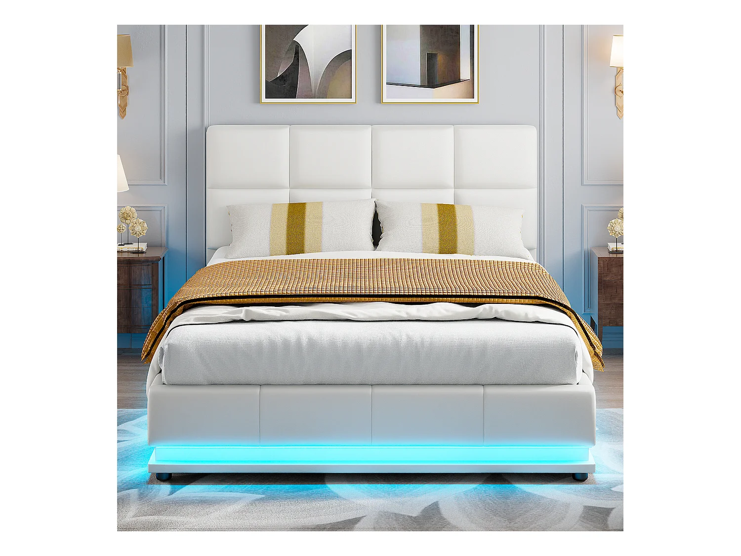 Lit coffre hydraulique LED 140x200 cm en similicuir blanc avec télécommande – Lit moderne avec rangement, structure métallique robuste, facile à monter