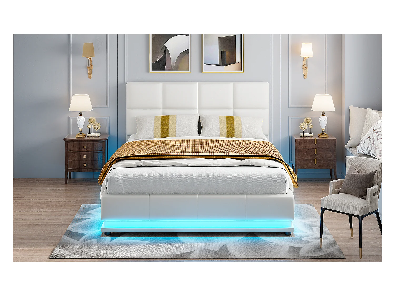 Lit coffre hydraulique LED 140x200 cm en similicuir blanc avec télécommande – Lit moderne avec rangement, structure métallique robuste, facile à monter