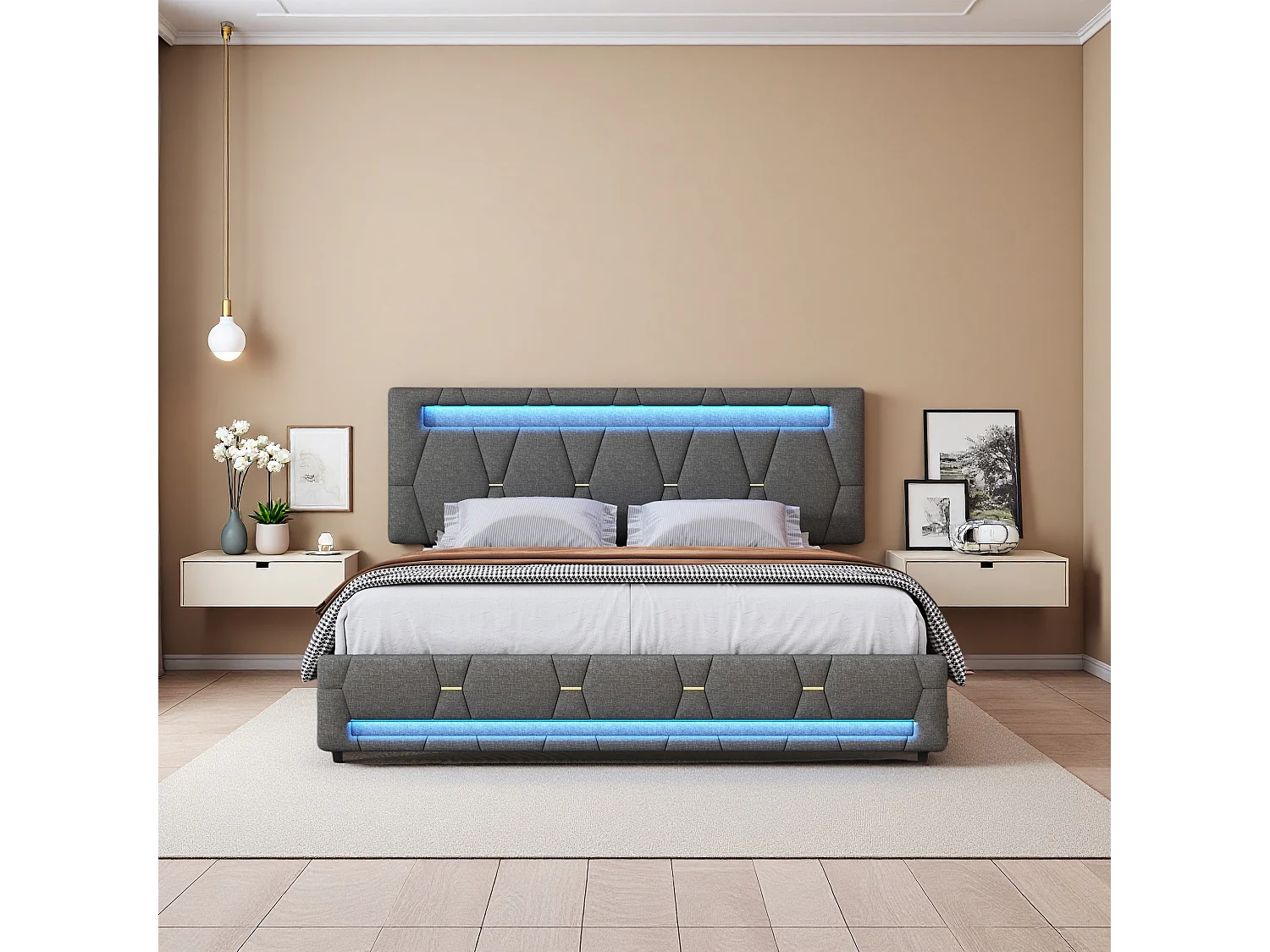 Grijs opbergbed 140x200 cm met RGB LED, 4 lades, linnen stof, verstelbaar hoofdeinde, licht bedienbaar met afstandsbediening en app