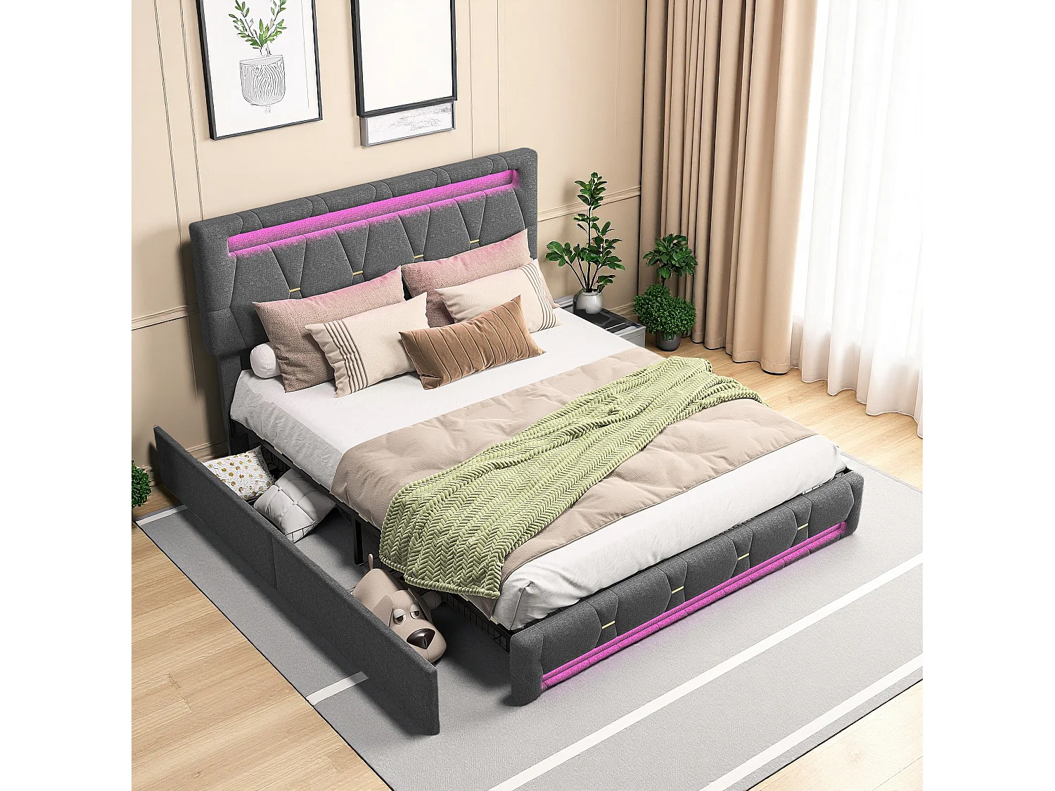 Grijs opbergbed 140x200 cm met RGB LED, 4 lades, linnen stof, verstelbaar hoofdeinde, licht bedienbaar met afstandsbediening en app