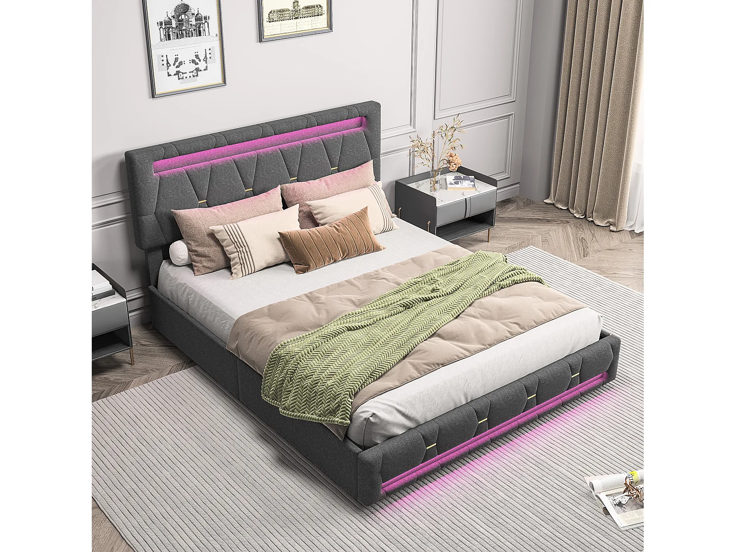 Grijs opbergbed 140x200 cm met RGB LED, 4 lades, linnen stof, verstelbaar hoofdeinde, licht bedienbaar met afstandsbediening en app