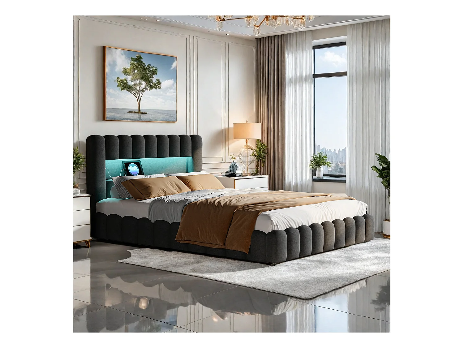 Tweepersoonsbedframe 180 x 200 cm, Grijs met opbergruimte, Linnen stof, LED-verlichting, hoofdbord en laadstation, lattenbodem