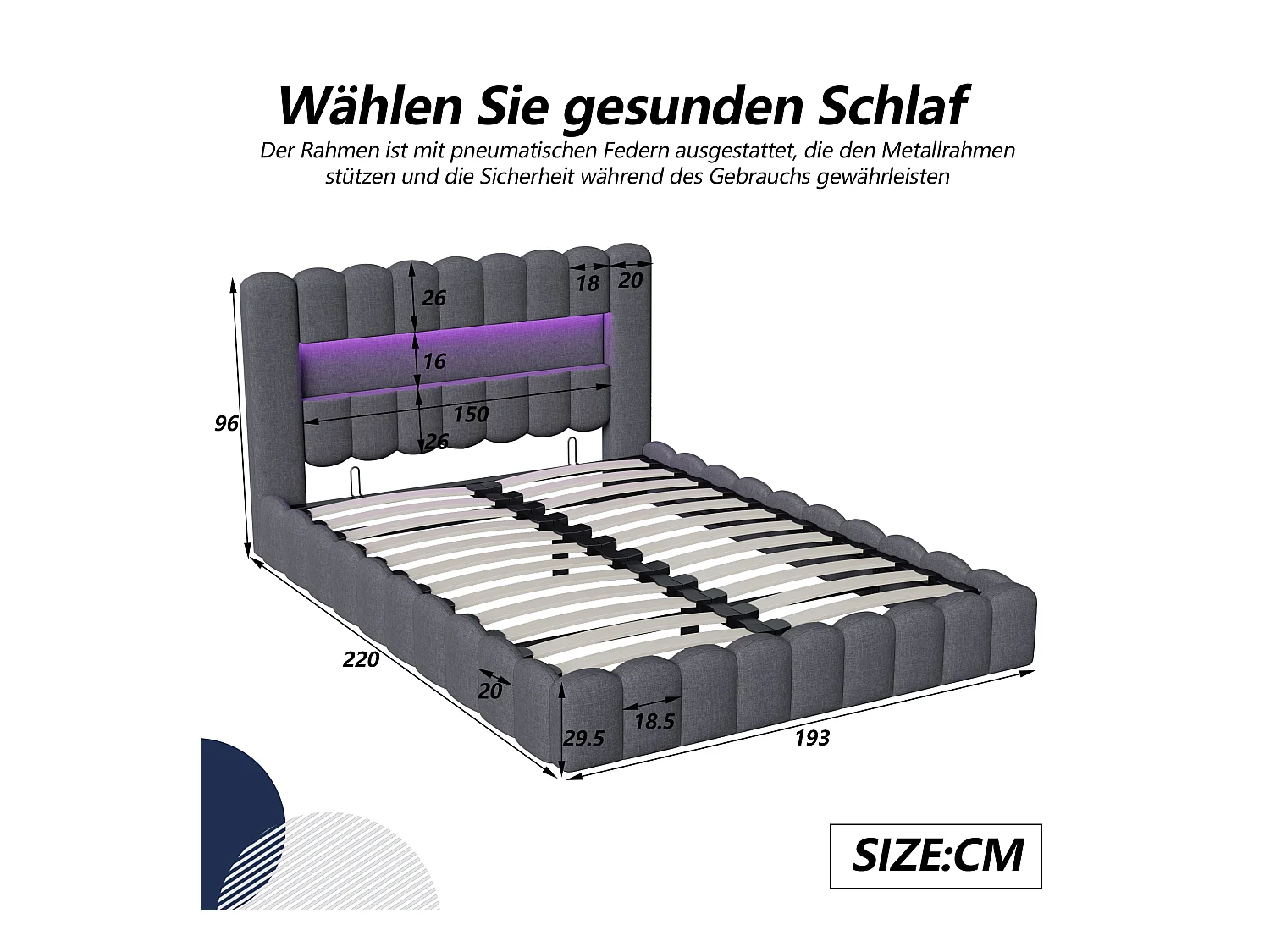 Tweepersoonsbedframe 180 x 200 cm, Grijs met opbergruimte, Linnen stof, LED-verlichting, hoofdbord en laadstation, lattenbodem
