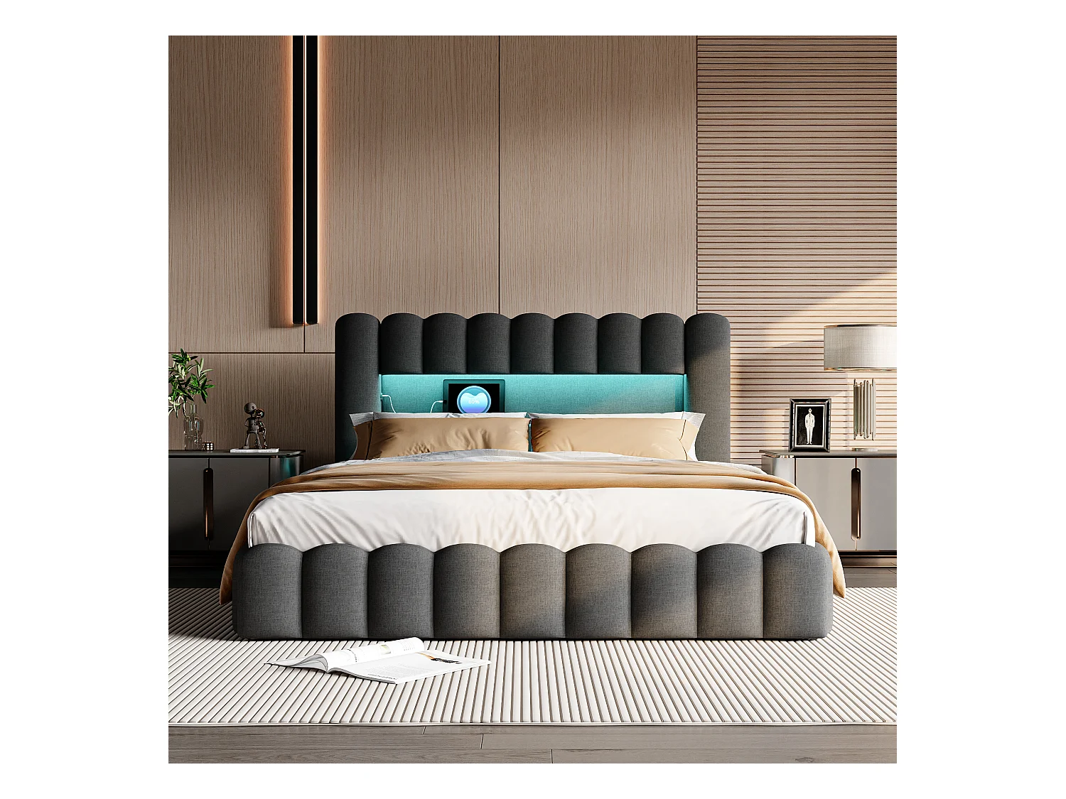 Tweepersoonsbedframe 180 x 200 cm, Grijs met opbergruimte, Linnen stof, LED-verlichting, hoofdbord en laadstation, lattenbodem