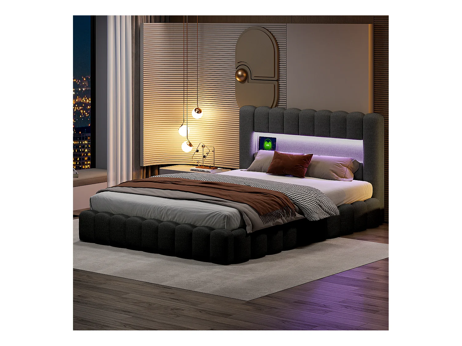 Tweepersoonsbedframe 180 x 200 cm, Grijs met opbergruimte, Linnen stof, LED-verlichting, hoofdbord en laadstation, lattenbodem