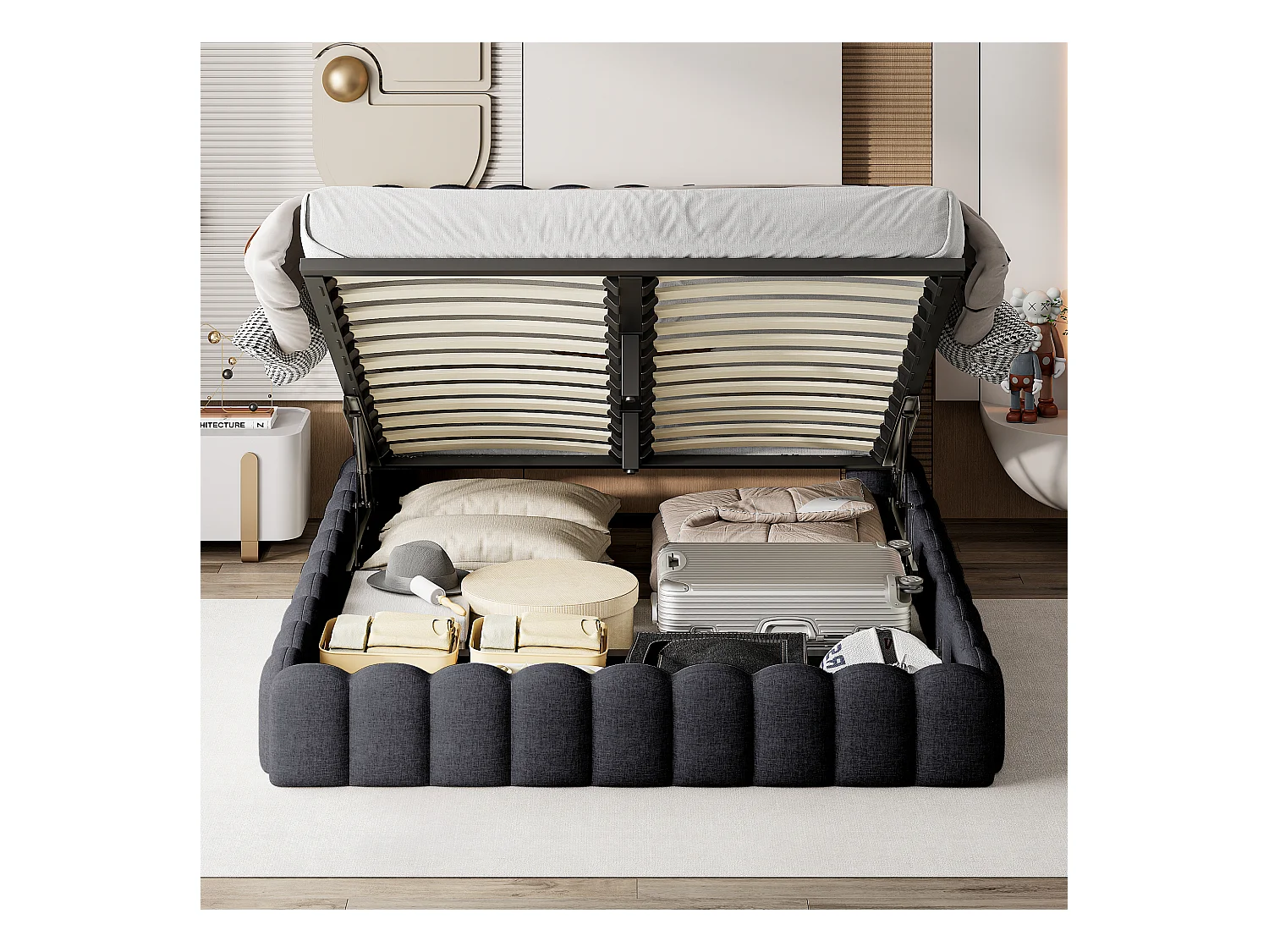 Tweepersoonsbedframe 180 x 200 cm, Grijs met opbergruimte, Linnen stof, LED-verlichting, hoofdbord en laadstation, lattenbodem