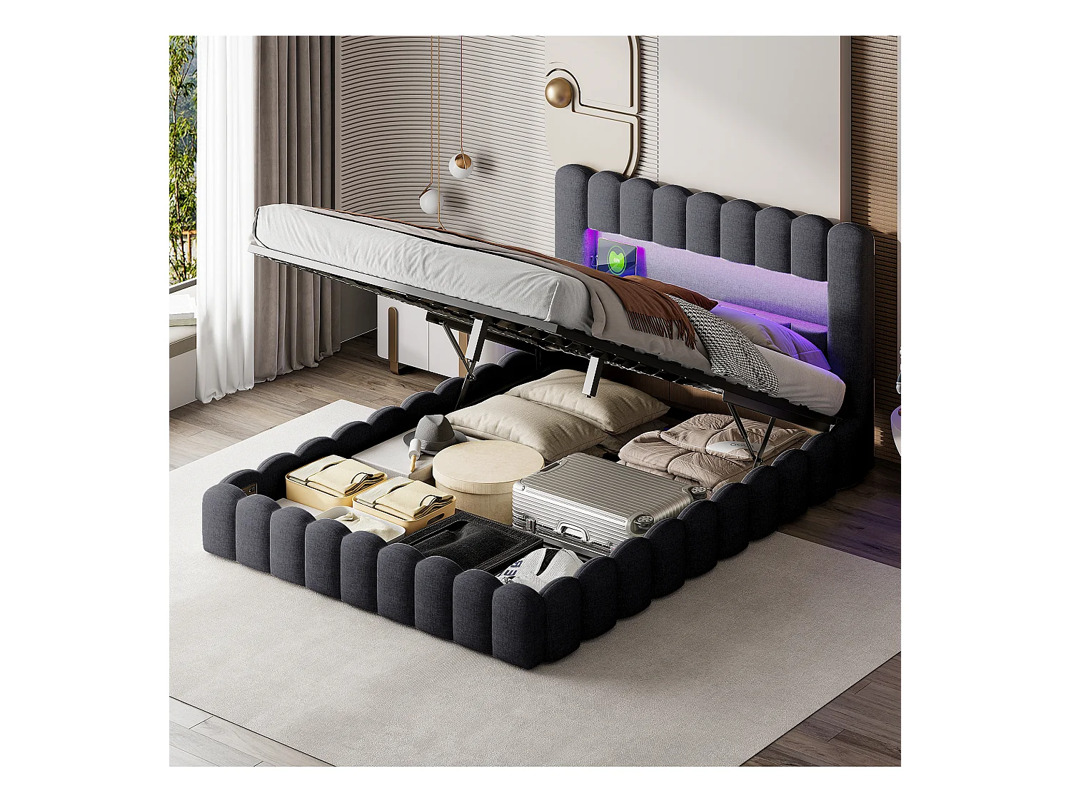 Tweepersoonsbedframe 180 x 200 cm, Grijs met opbergruimte, Linnen stof, LED-verlichting, hoofdbord en laadstation, lattenbodem
