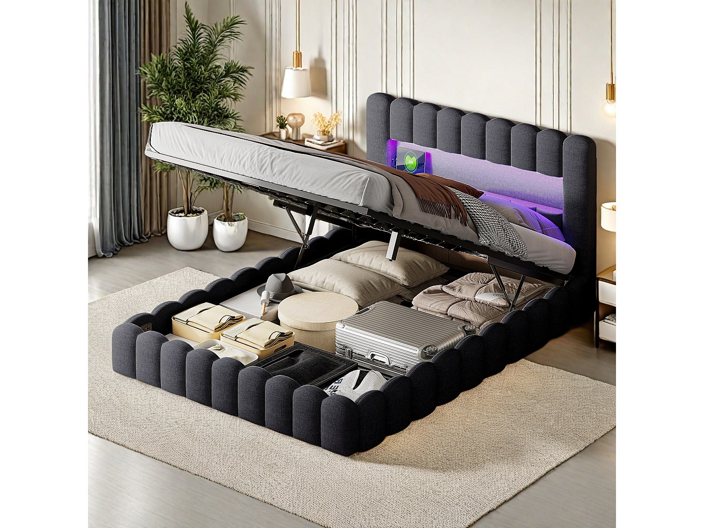 Lit Adulte Coffre 180×200 cm - Tiroir 2 en 1 - LED - Sommier à Lattes