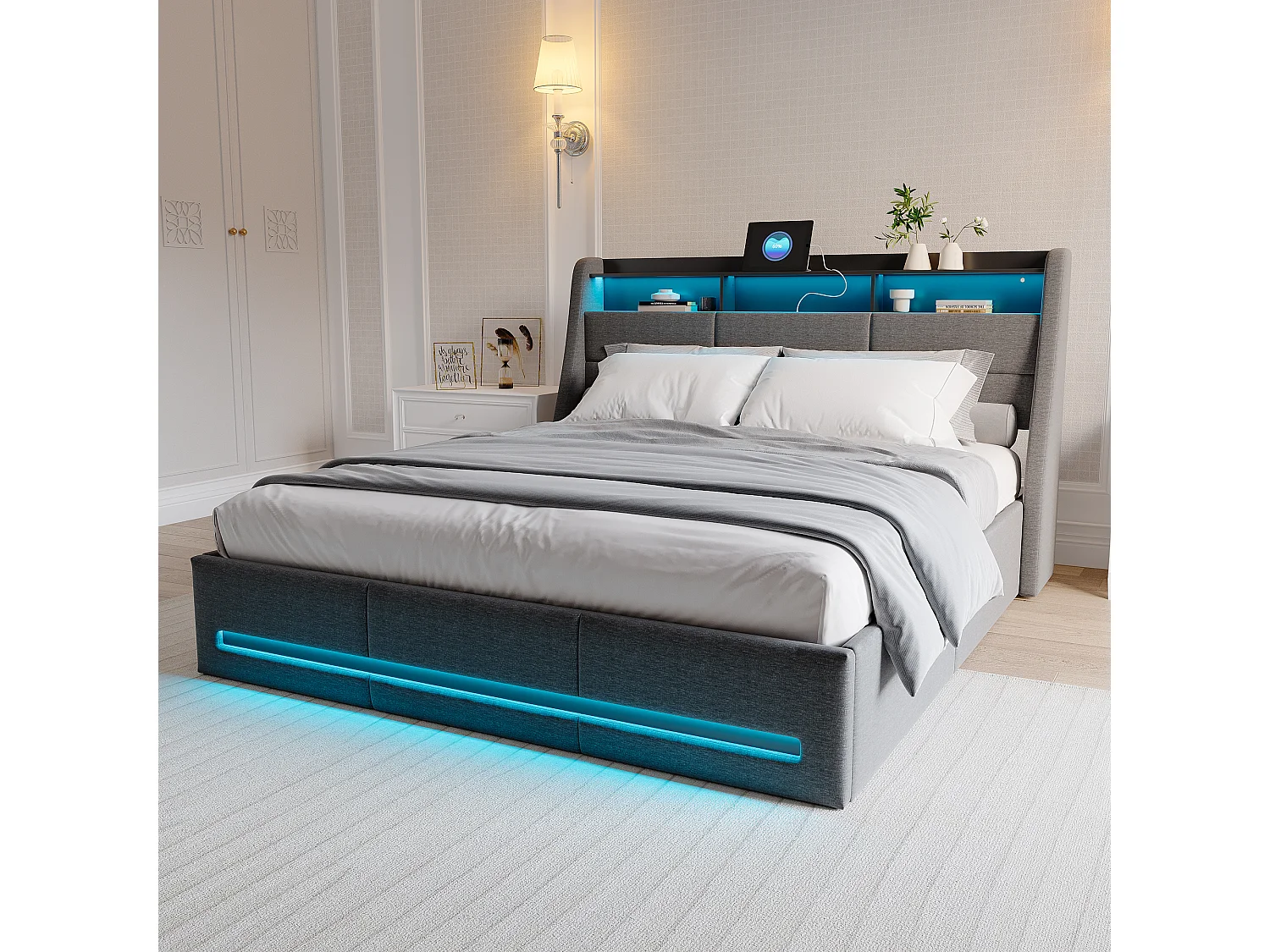 Opbergbed 140x200cm in grijze stof met hydraulische krik, meerkleurige LED-strip bedienbaar via afstandsbediening & app, hoofdeinde met stopcontact en opbergruimte
