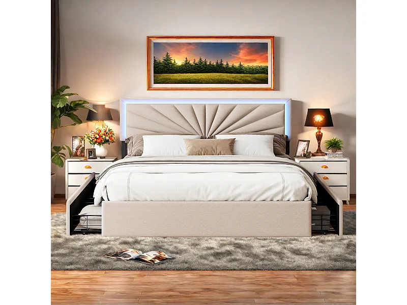 Bed 140x200 cm met 4 opbergladen, hoofdbord met ledverlichting, beige stoffen bekleding - Modern opbergbed (zonder matras)