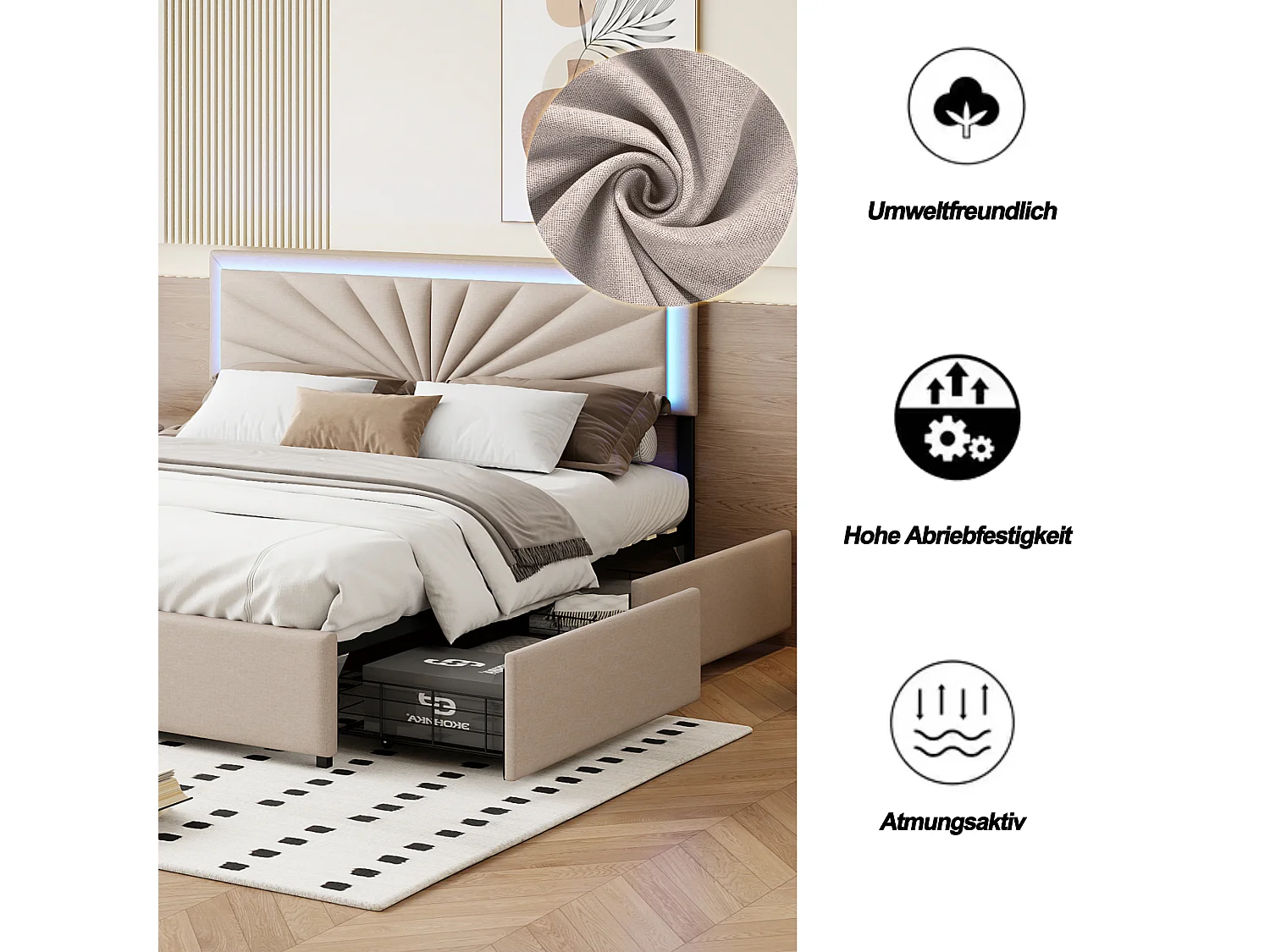 Lit 140x200 cm avec 4 tiroirs de rangement, tête de lit avec éclairage LED, revêtement en tissu beige – Lit coffre moderne (sans matelas)