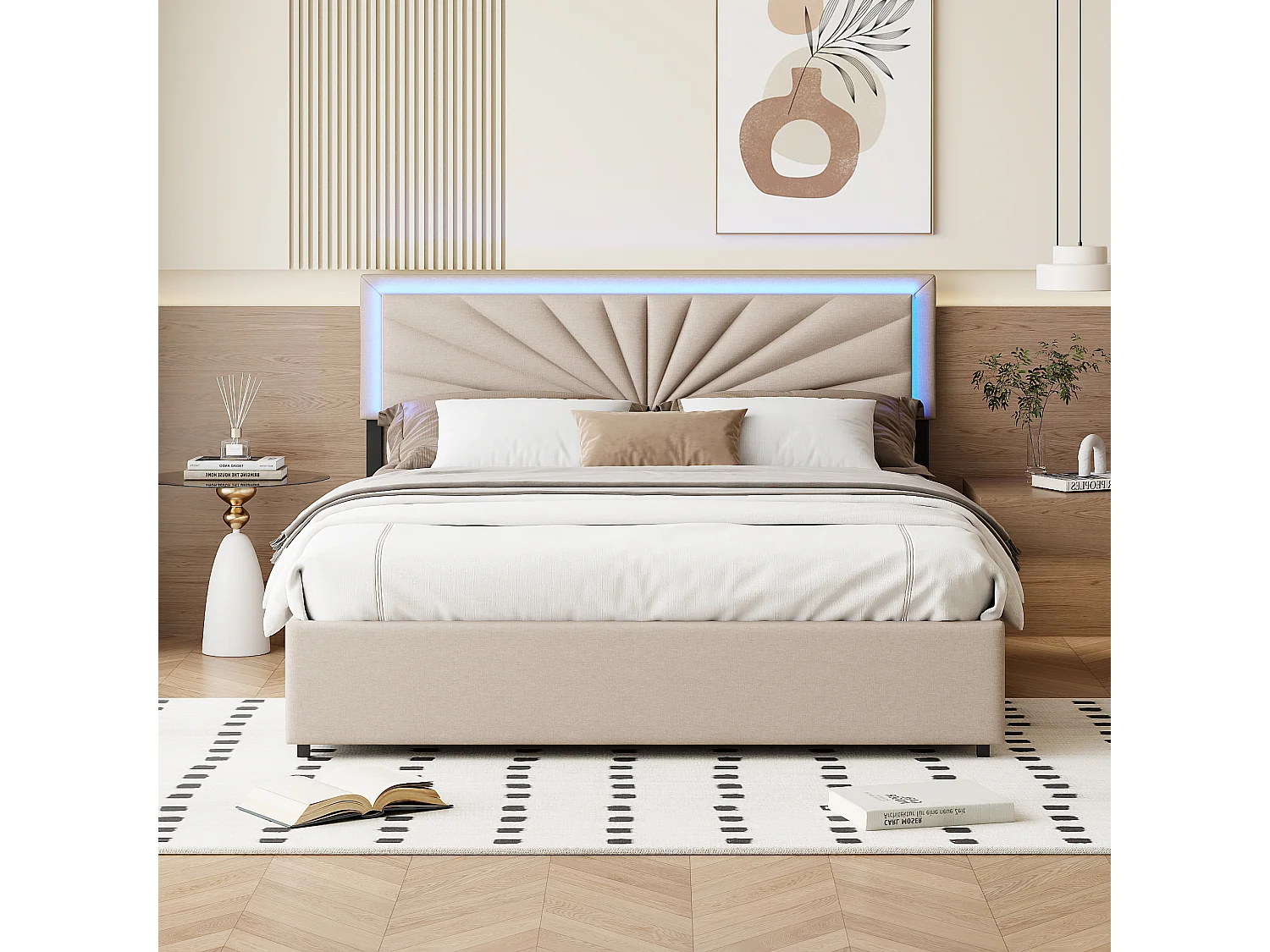 Lit 140x200 cm avec 4 tiroirs de rangement, tête de lit avec éclairage LED, revêtement en tissu beige – Lit coffre moderne (sans matelas)