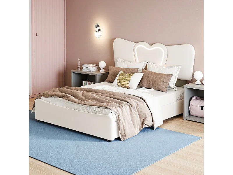 Letto imbottito 160 x 200 cm con luci LED e USB, con contenitore, tessuto in velluto, letto matrimoniale 160 x 200 cm, beige (senza materasso)
