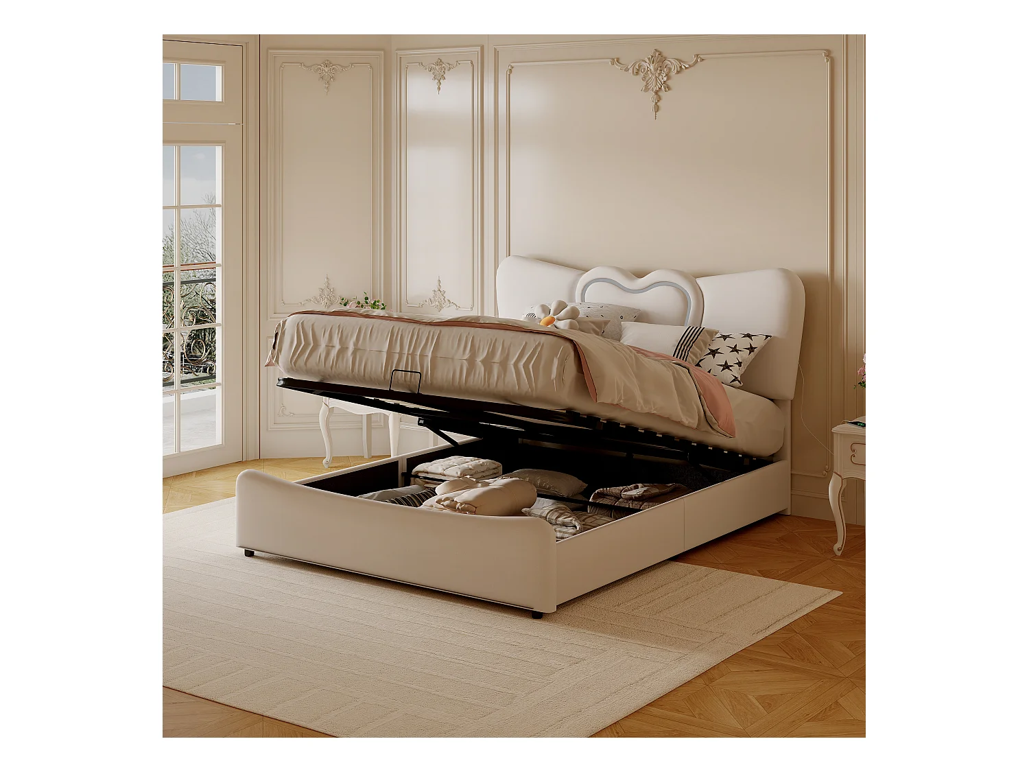 Cama estofada 160 x 200 cm com luzes LED e USB, com arrumação, tecido de veludo, cama de casal 160 x 200 cm, bege (sem colchão)