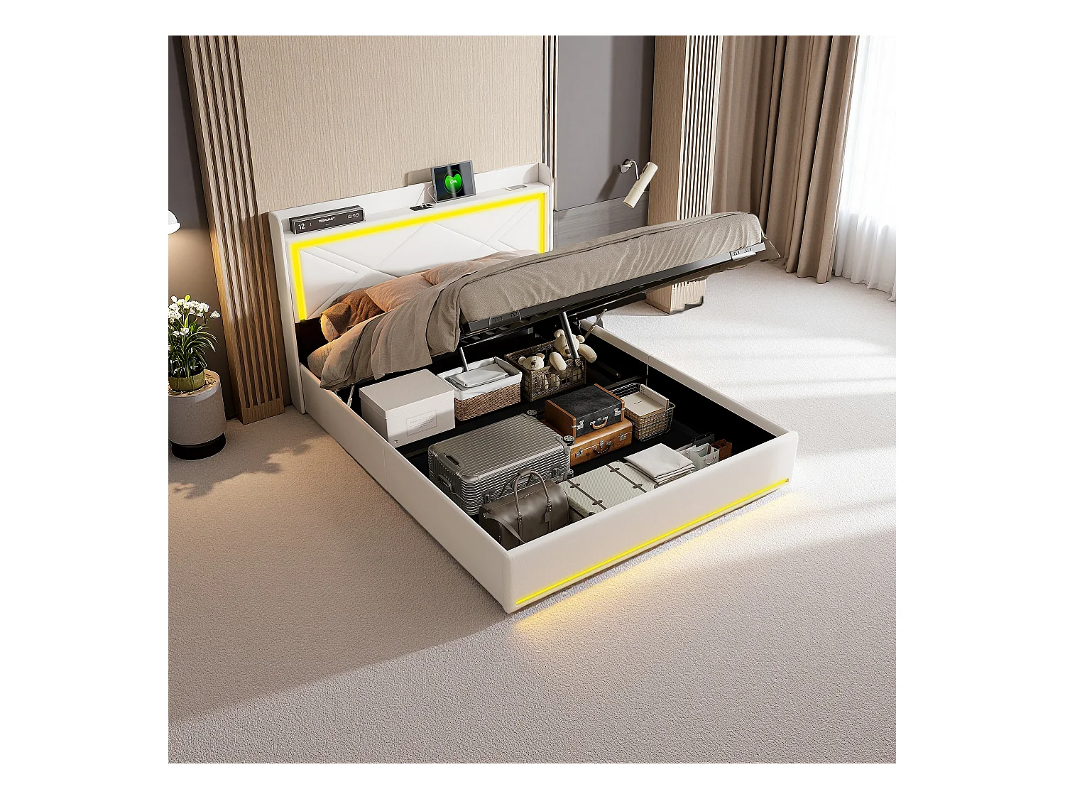 Lit double 140 x 200 cm - Lit de rangement hydraulique rembourré avec LED et port de charge USB - Sans matelas (blanc)