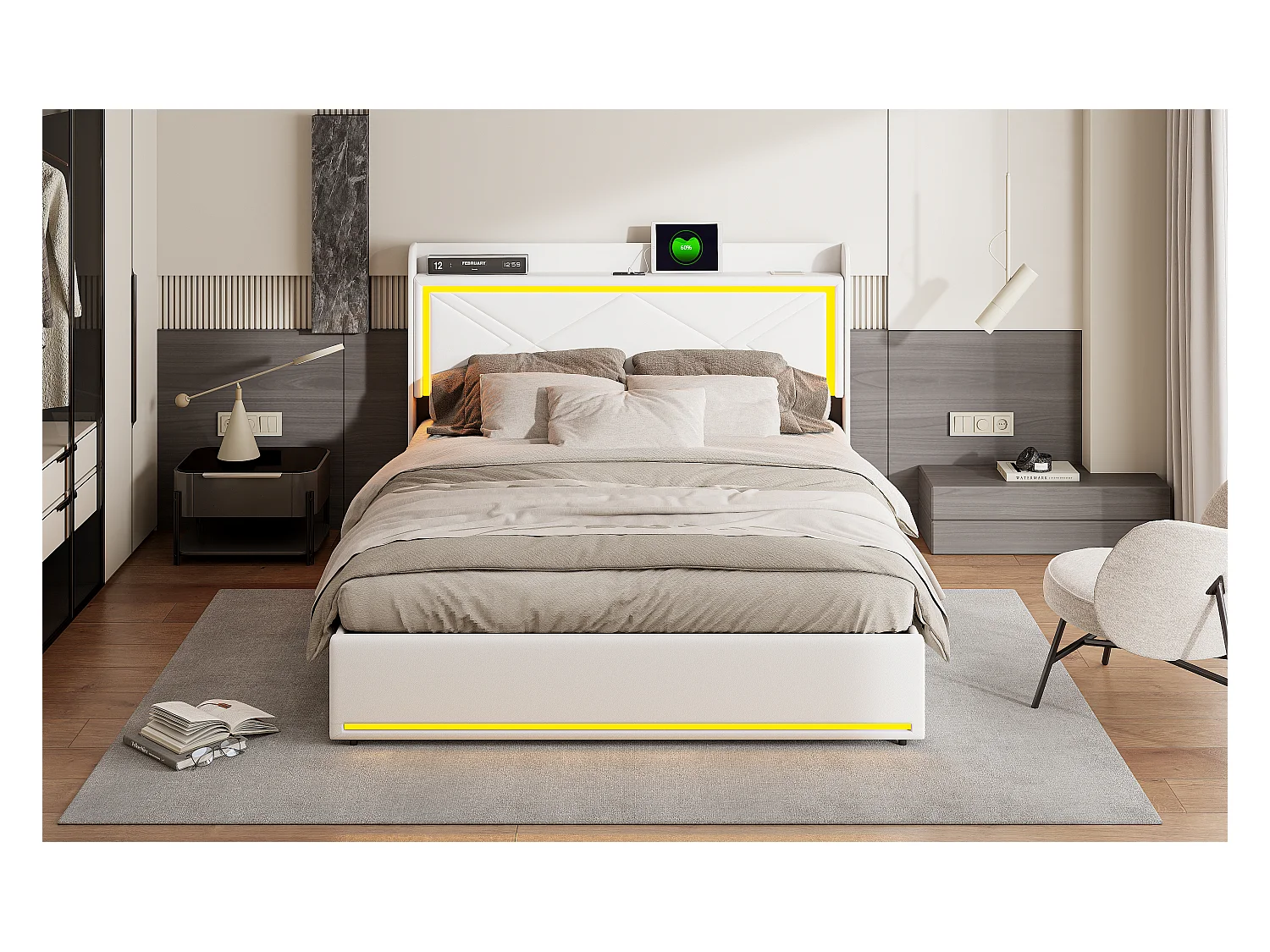 Lit double 140 x 200 cm - Lit de rangement hydraulique rembourré avec LED et port de charge USB - Sans matelas (blanc)