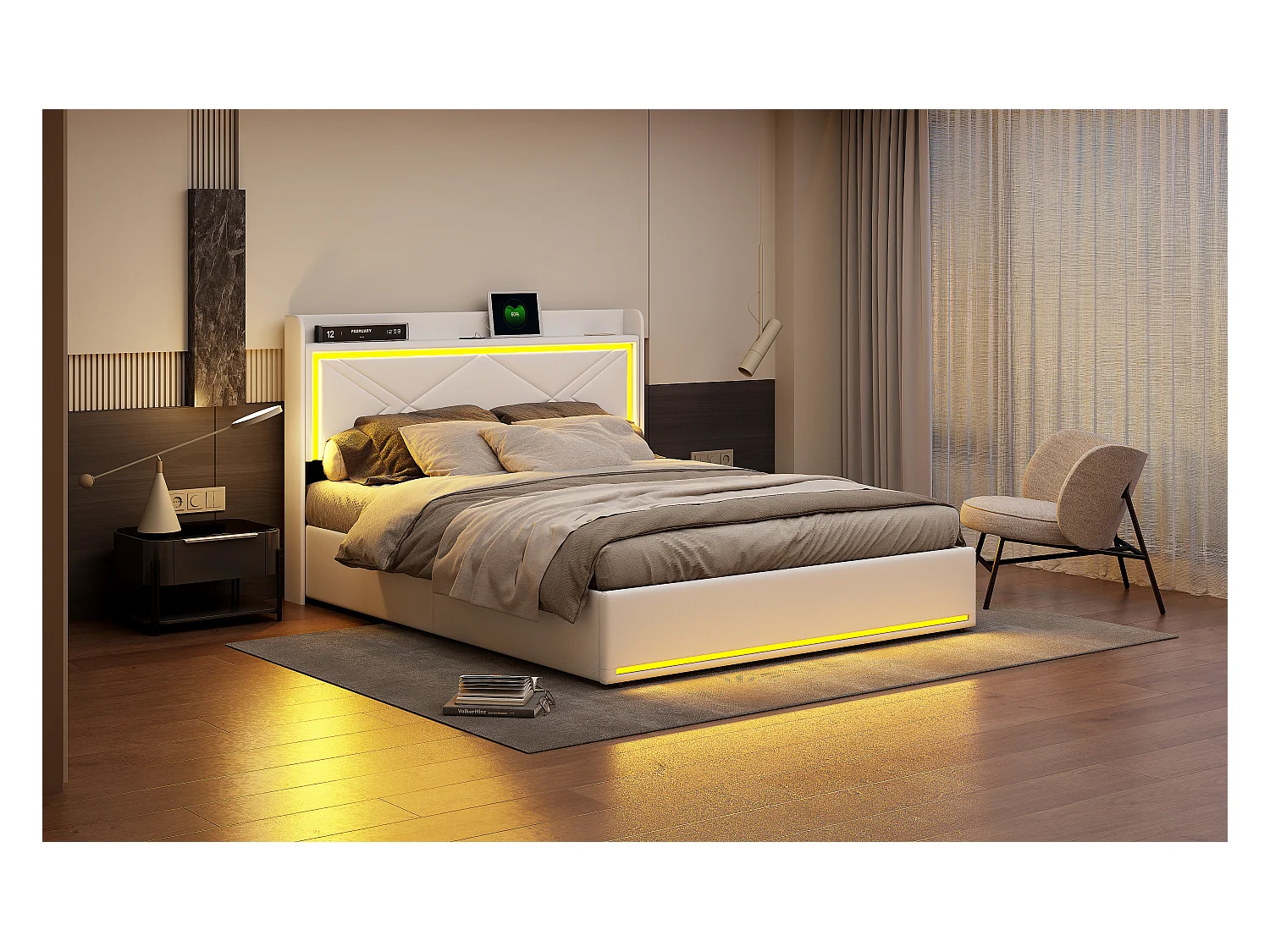 Lit double 140 x 200 cm - Lit de rangement hydraulique rembourré avec LED et port de charge USB - Sans matelas (blanc)