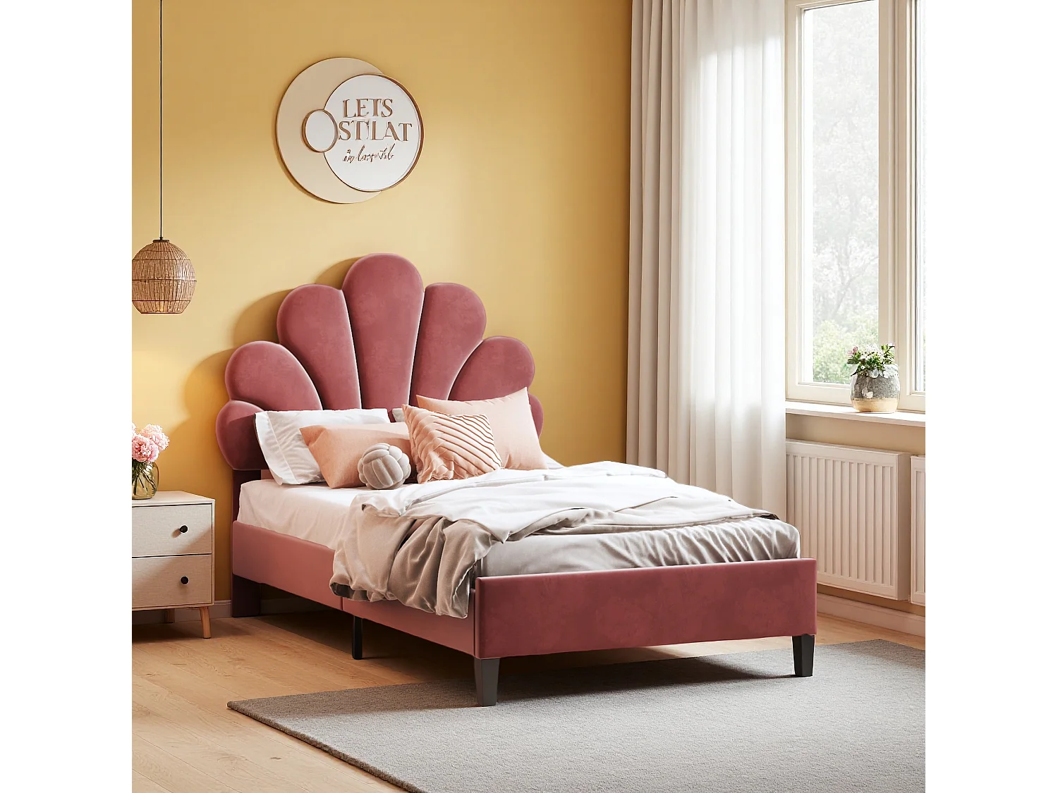 Eenpersoonsbed 90 x 200 cm, gestoffeerd, met bloemvormig hoofdbord en lattenbodem, stabiel bedframe, kinderbed, huidvriendelijk fluwelen bed, Rood