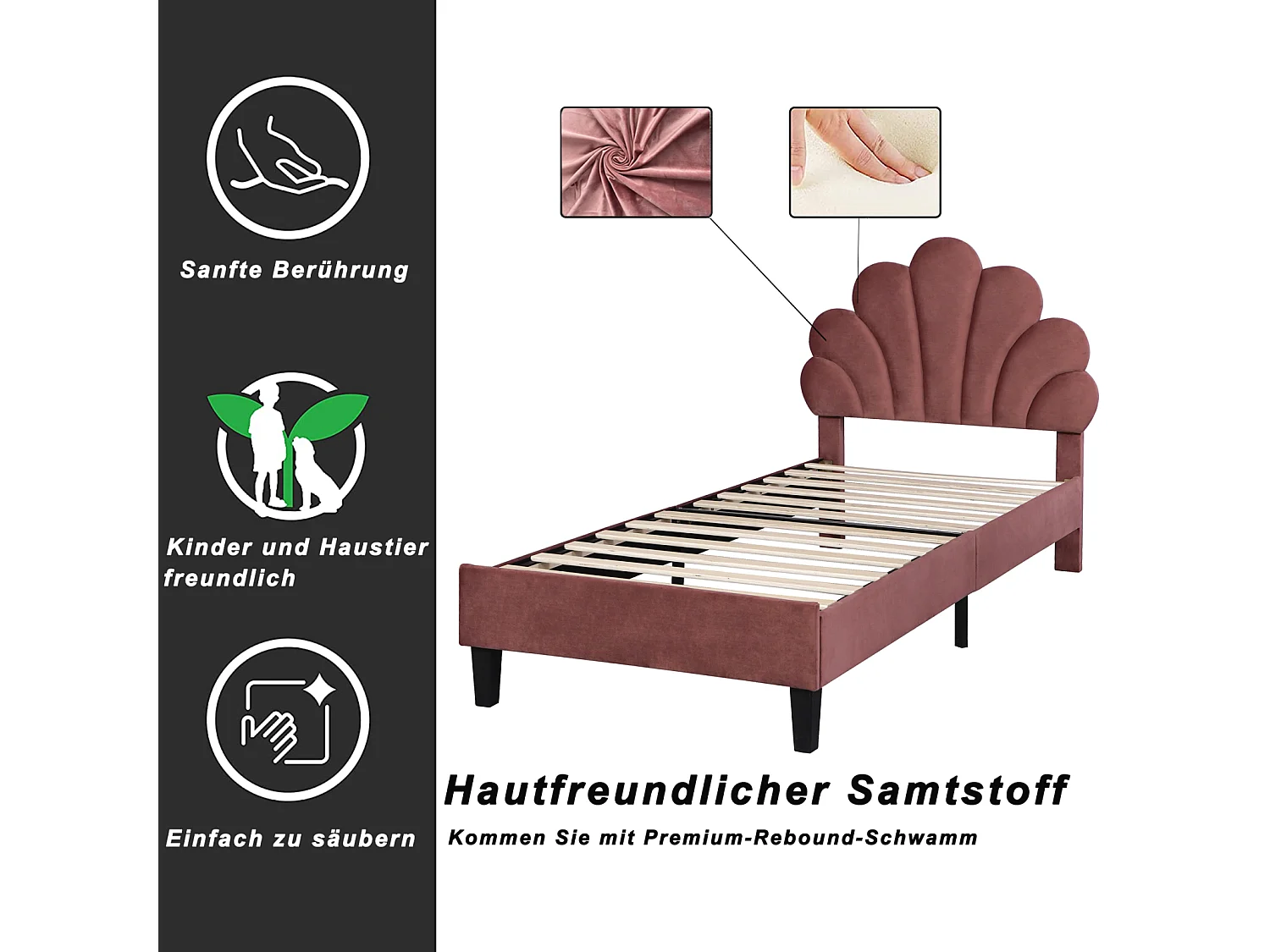 Eenpersoonsbed 90 x 200 cm, gestoffeerd, met bloemvormig hoofdbord en lattenbodem, stabiel bedframe, kinderbed, huidvriendelijk fluwelen bed, Rood