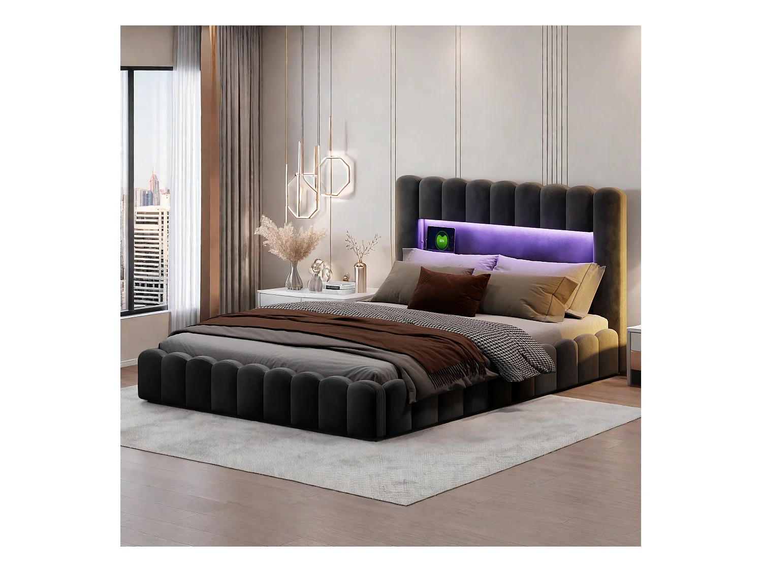 Tweepersoonsbedframe 180 x 200 cm, Lichtgrijs, met opbergruimte, LED-verlichting, hoofdbord en laadstation