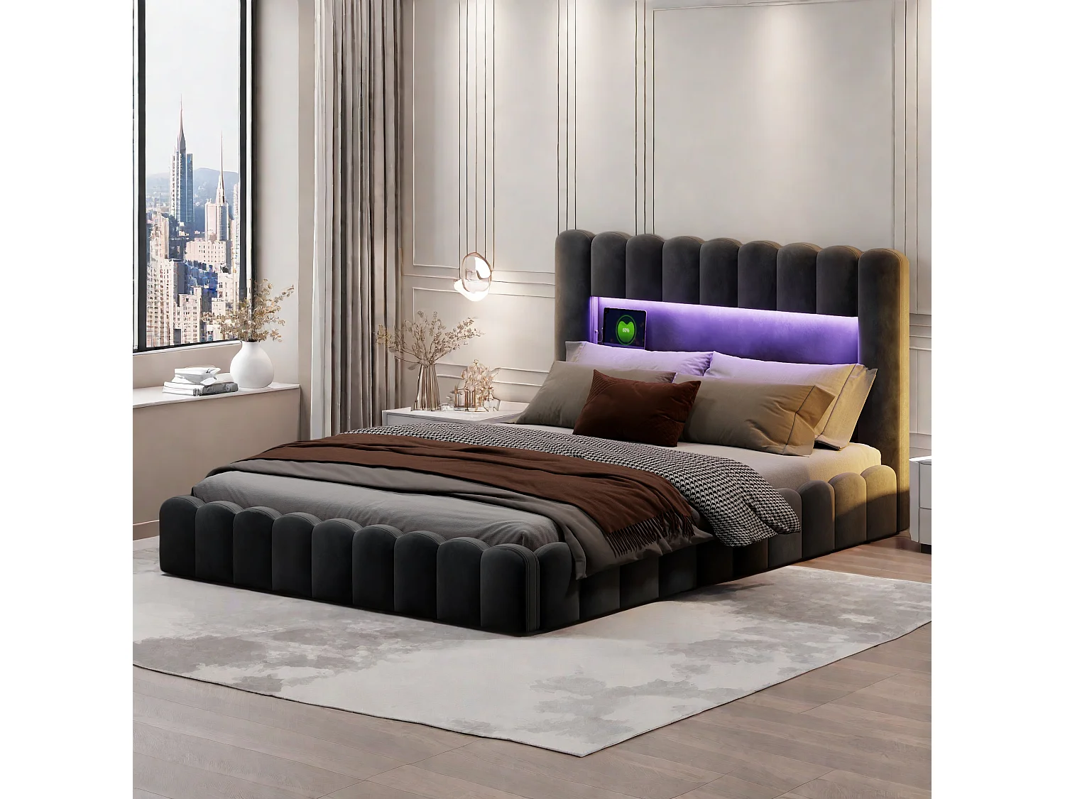 Tweepersoonsbedframe 180 x 200 cm, Lichtgrijs, met opbergruimte, LED-verlichting, hoofdbord en laadstation