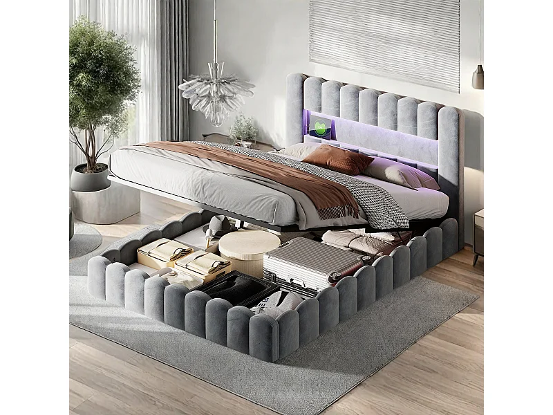 Tweepersoonsbedframe 180 x 200 cm, Lichtgrijs, met opbergruimte, LED-verlichting, hoofdbord en laadstation