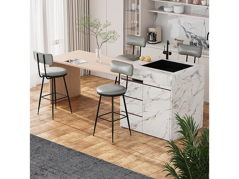 Lot de 2 chaises de bar en similicuir gris, design moderne avec dossier ergonomique, cadre métallique robuste, confortables et faciles à nettoyer