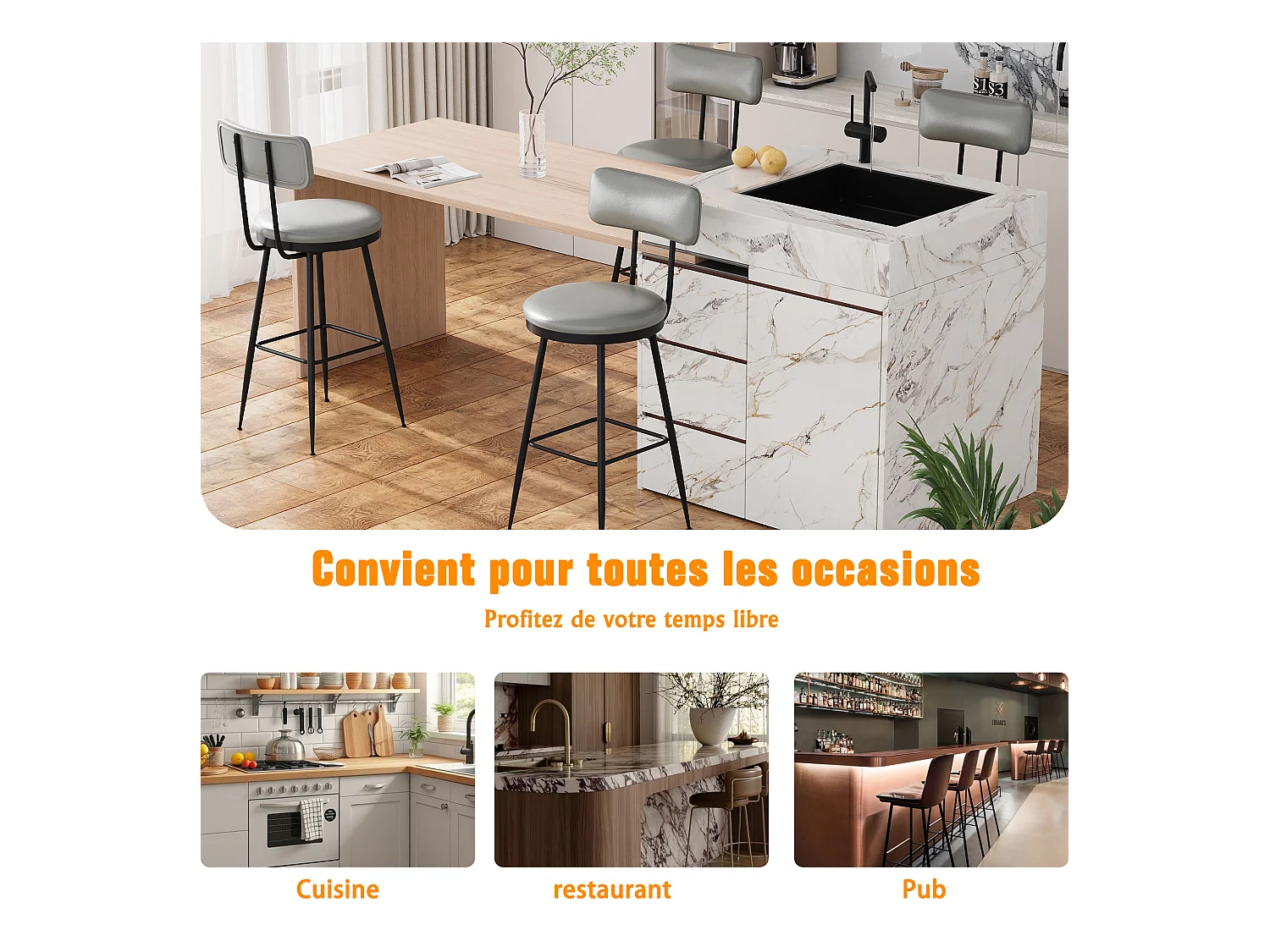 Lot de 2 chaises de bar en similicuir gris, design moderne avec dossier ergonomique, cadre métallique robuste, confortables et faciles à nettoyer