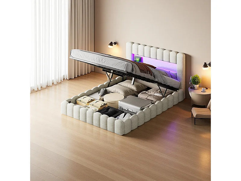 Tweepersoonsbedframe 140 x 200 cm, beige, met opbergruimte, led-verlichting, linnen stof, hoofdbord en laadstation