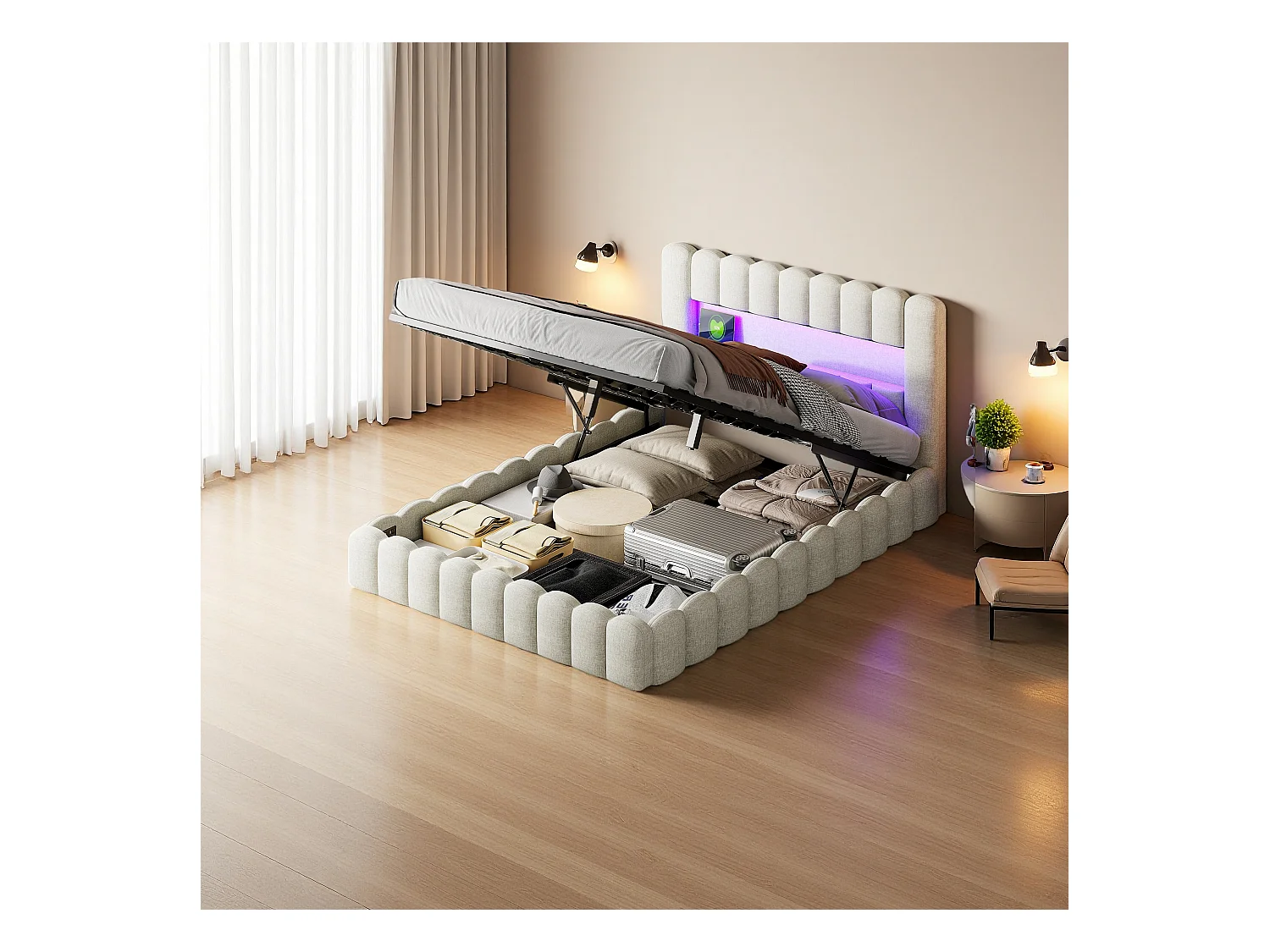 Tweepersoonsbedframe 140 x 200 cm, beige, met opbergruimte, led-verlichting, linnen stof, hoofdbord en laadstation