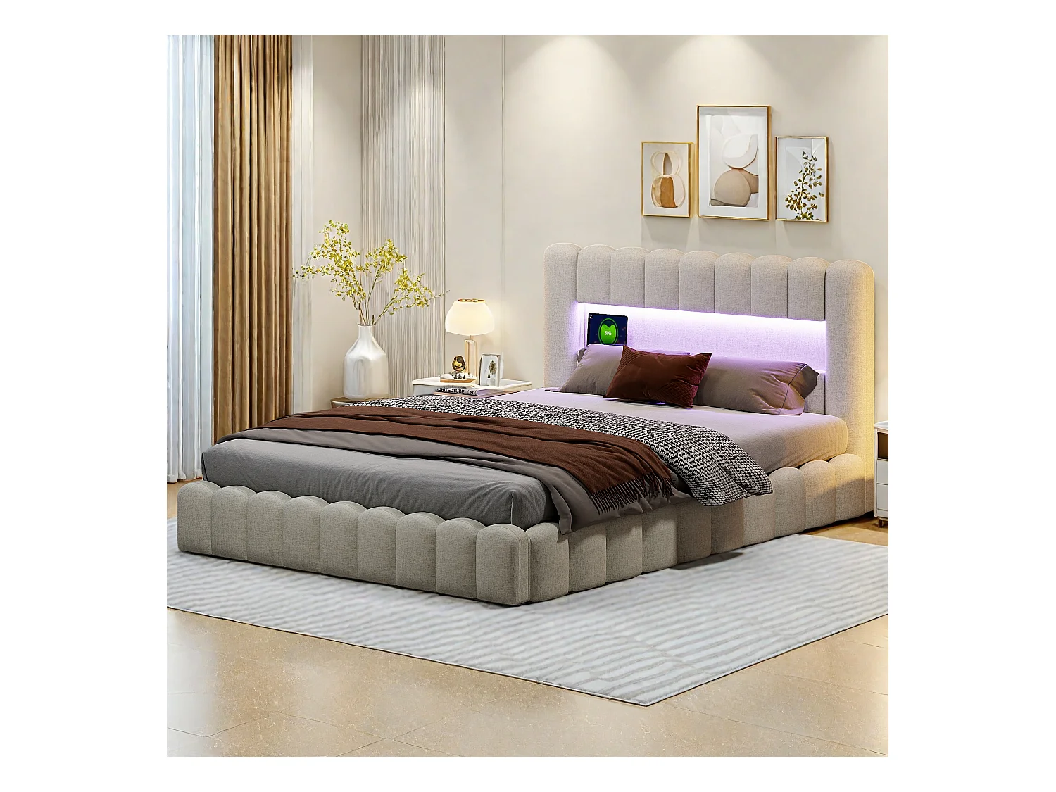 Tweepersoonsbedframe 140 x 200 cm, beige, met opbergruimte, led-verlichting, linnen stof, hoofdbord en laadstation