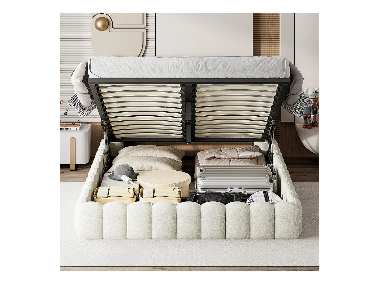 Tweepersoonsbedframe 140 x 200 cm, beige, met opbergruimte, led-verlichting, linnen stof, hoofdbord en laadstation