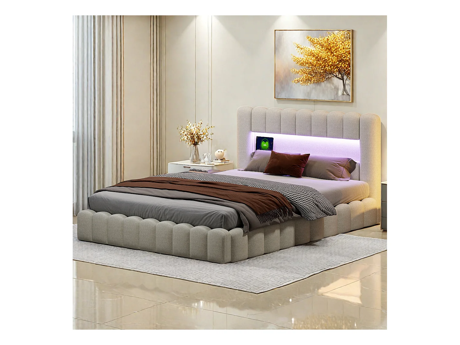 Tweepersoonsbedframe 140 x 200 cm, beige, met opbergruimte, led-verlichting, linnen stof, hoofdbord en laadstation