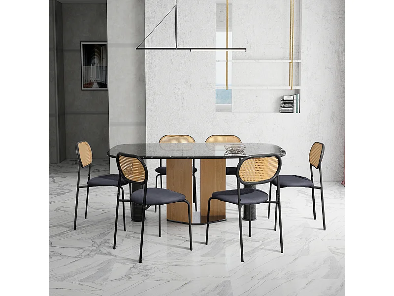 Set di 2 sedie da pranzo in rattan nero e legno naturale, struttura in metallo nero con seduta imbottita