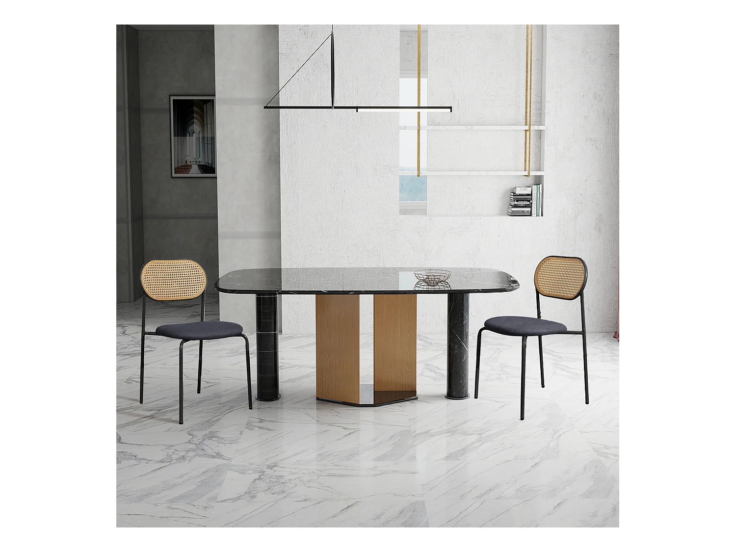 Set di 2 sedie da pranzo in rattan nero e legno naturale, struttura in metallo nero con seduta imbottita