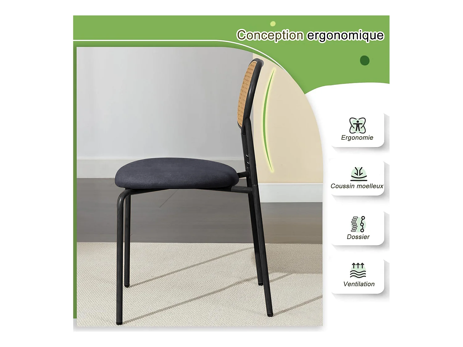 Set di 2 sedie da pranzo in rattan nero e legno naturale, struttura in metallo nero con seduta imbottita