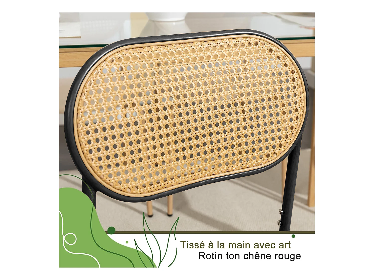 Set di 2 sedie da pranzo in rattan nero e legno naturale, struttura in metallo nero con seduta imbottita