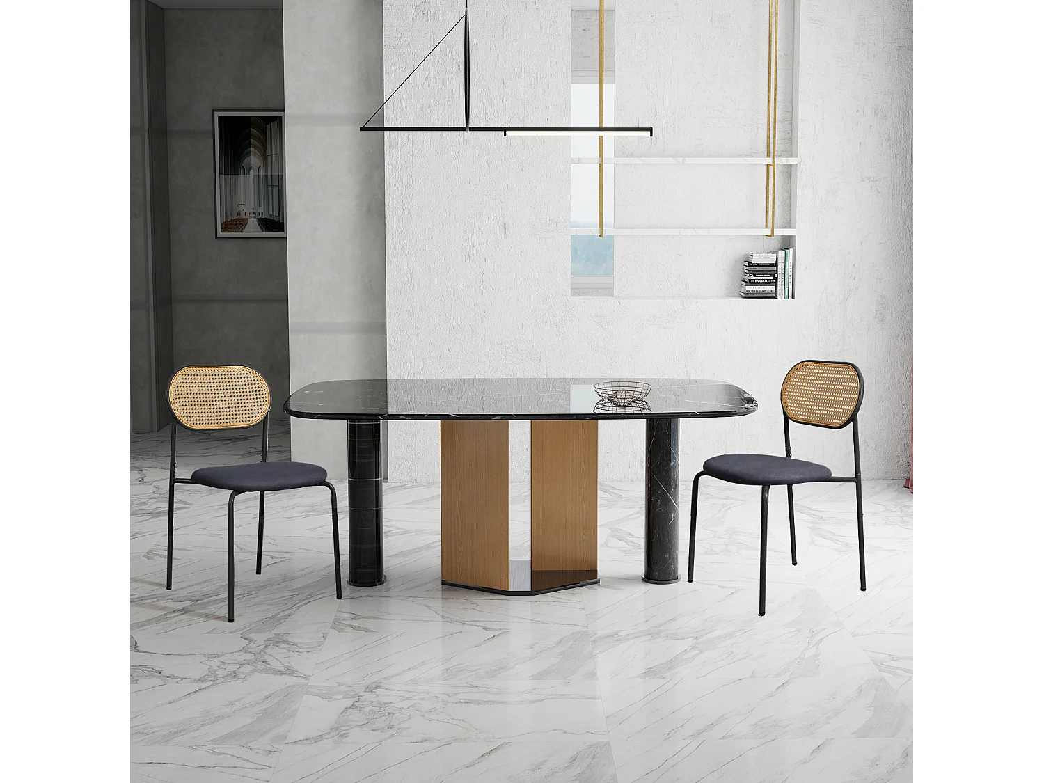 Lot de 2 chaises de salle à manger style rotin noir et couleur bois naturel, structure en métal noir avec assise rembourrée