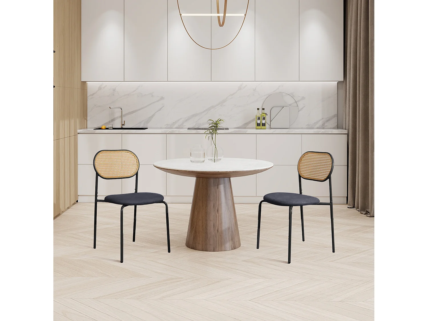 Lot de 2 chaises de salle à manger style rotin noir et couleur bois naturel, structure en métal noir avec assise rembourrée