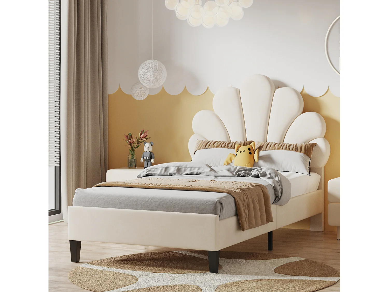 Lit simple 90x200 cm rembourré beige, tête de lit en forme de fleur, sommier à lattes, cadre stable, velours doux, idéal pour enfant