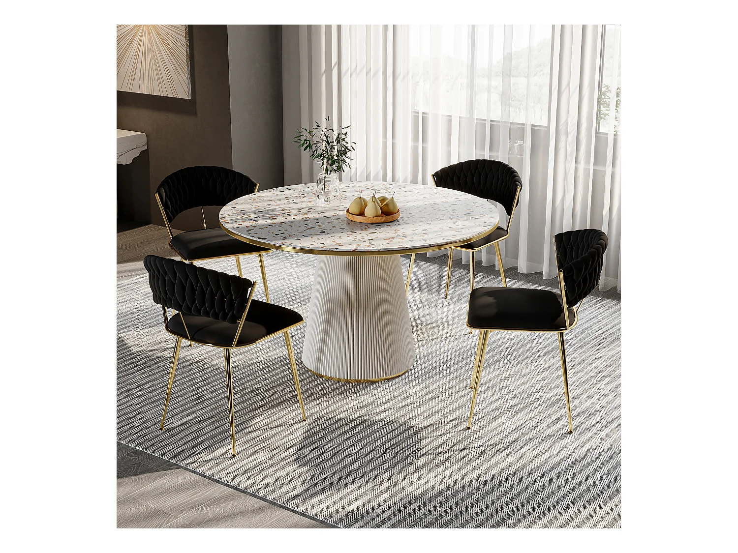 Set di 2 sedie da pranzo in velluto intrecciato nero con gambe in metallo dorato, design moderno ed elegante