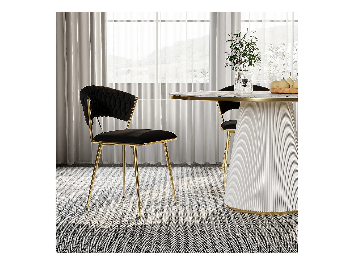 Set di 2 sedie da pranzo in velluto intrecciato nero con gambe in metallo dorato, design moderno ed elegante