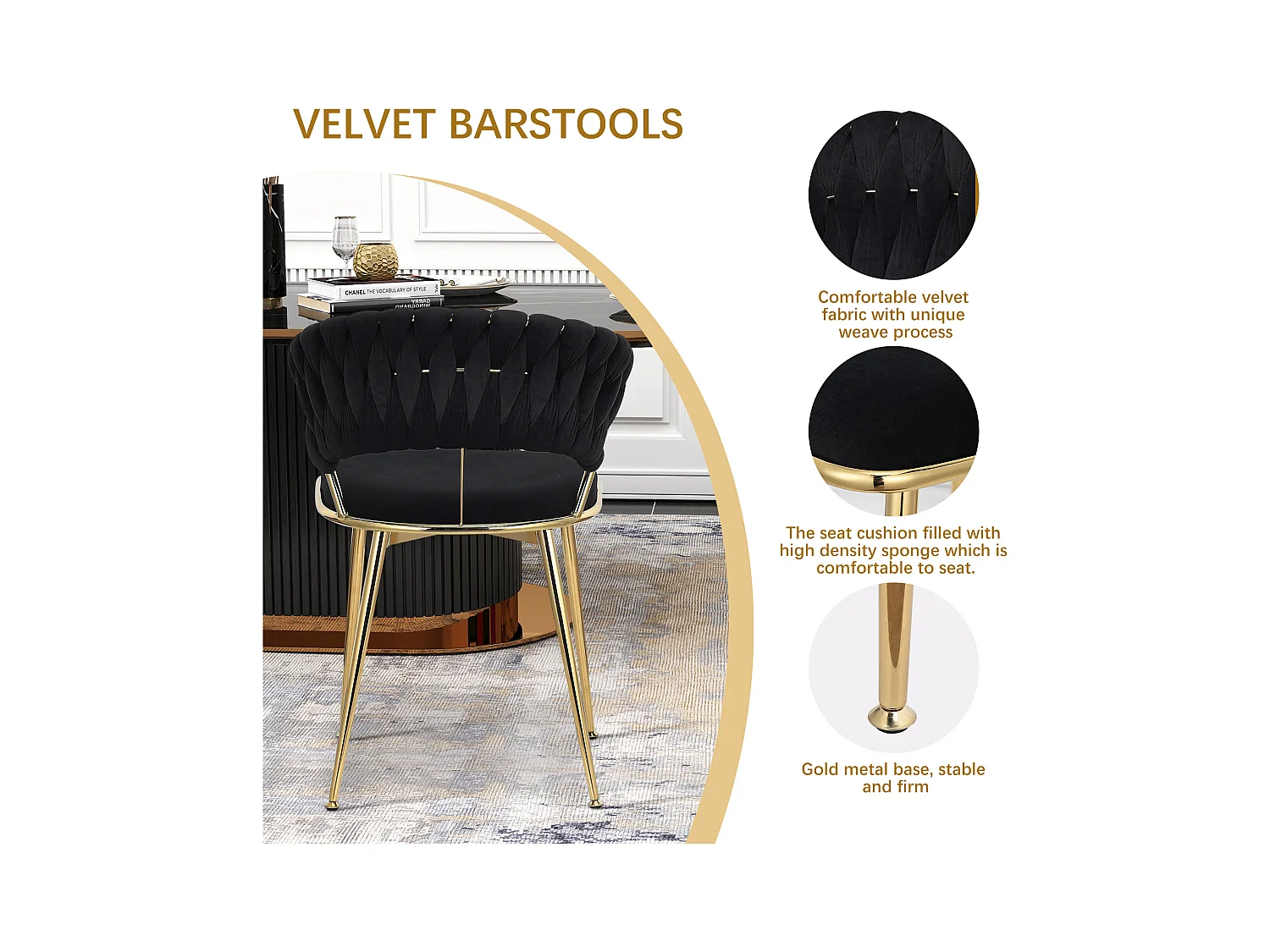 Set di 2 sedie da pranzo in velluto intrecciato nero con gambe in metallo dorato, design moderno ed elegante