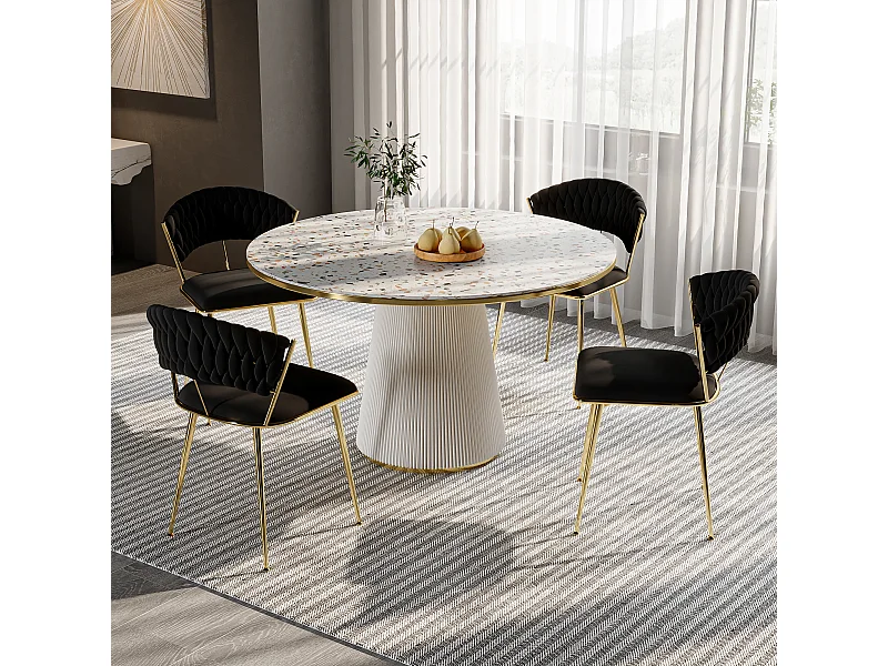 Set van 2 zwarte geweven fluwelen eetkamerstoelen met gouden metalen poten, modern en elegant design