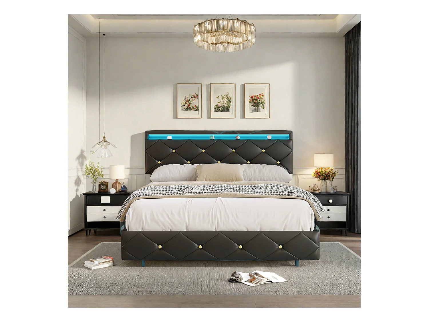 Lit Double 140x200 avec Multiprise & Éclairage LED, Cadre de lit Flottant avec Tête de Lit Réglable et sommier à Lattes,PU (Noir, 140x200)