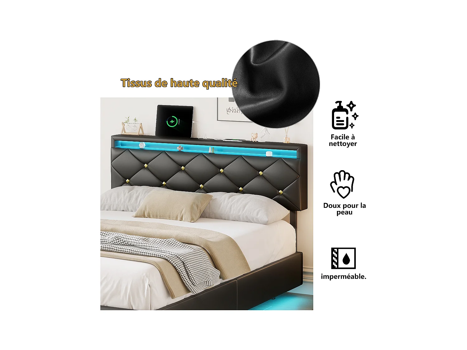 Lit Double 140x200 avec Multiprise & Éclairage LED, Cadre de lit Flottant avec Tête de Lit Réglable et sommier à Lattes,PU (Noir, 140x200)