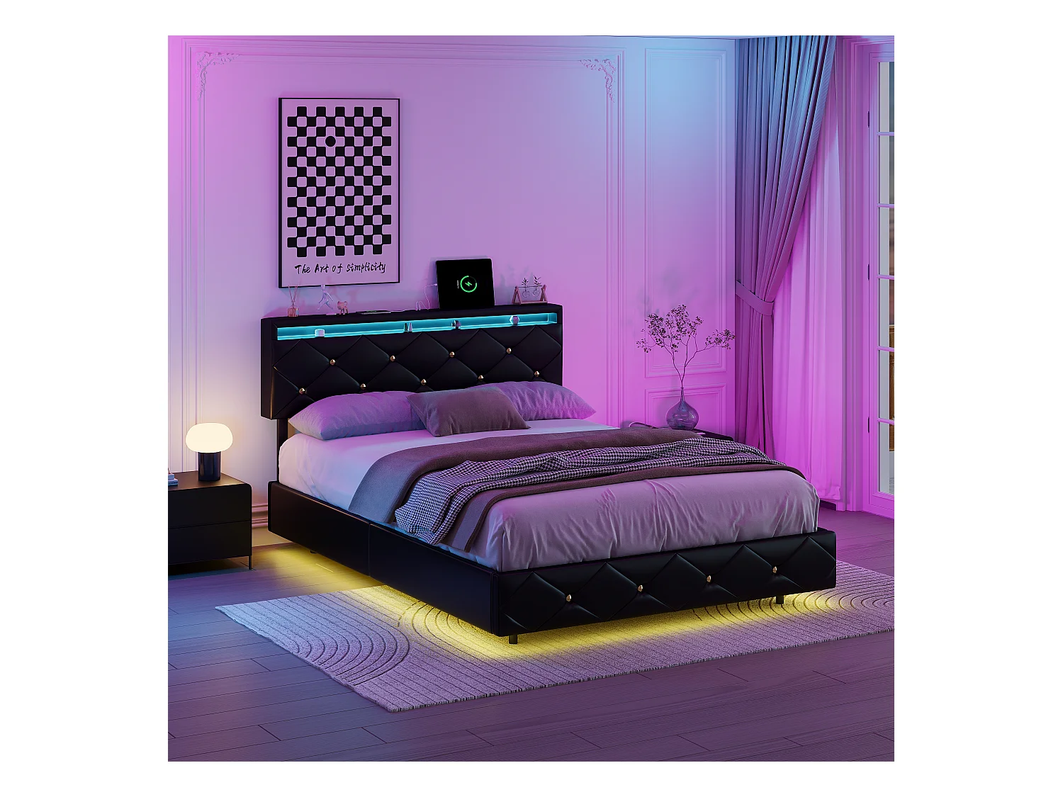 Lit Double 140x200 avec Multiprise & Éclairage LED, Cadre de lit Flottant avec Tête de Lit Réglable et sommier à Lattes,PU (Noir, 140x200)