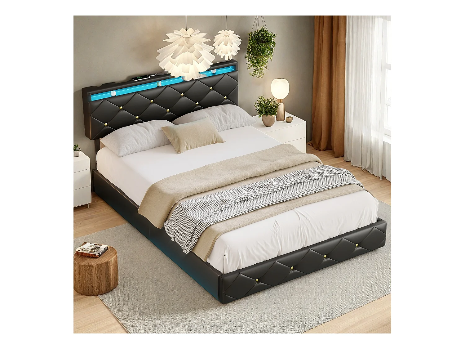 Lit Double 140x200 avec Multiprise & Éclairage LED, Cadre de lit Flottant avec Tête de Lit Réglable et sommier à Lattes,PU (Noir, 140x200)