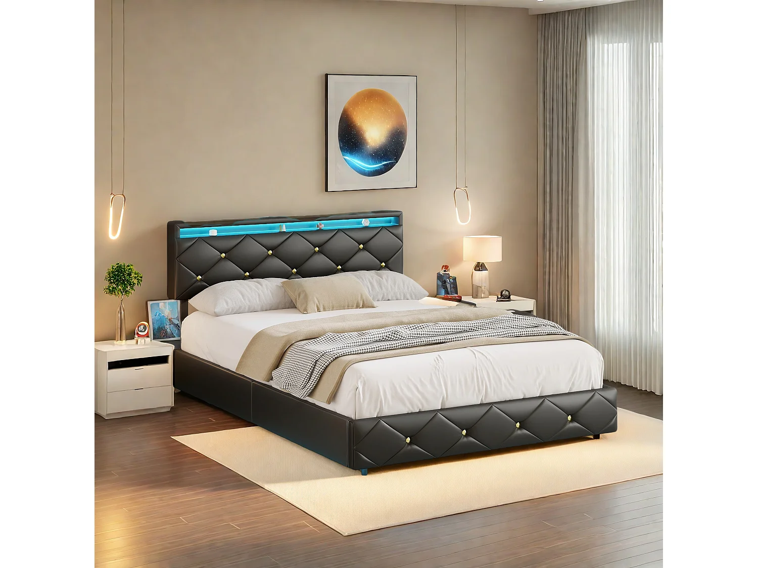 Lit Double 140x200 avec Multiprise & Éclairage LED, Cadre de lit Flottant avec Tête de Lit Réglable et sommier à Lattes,PU (Noir, 140x200)